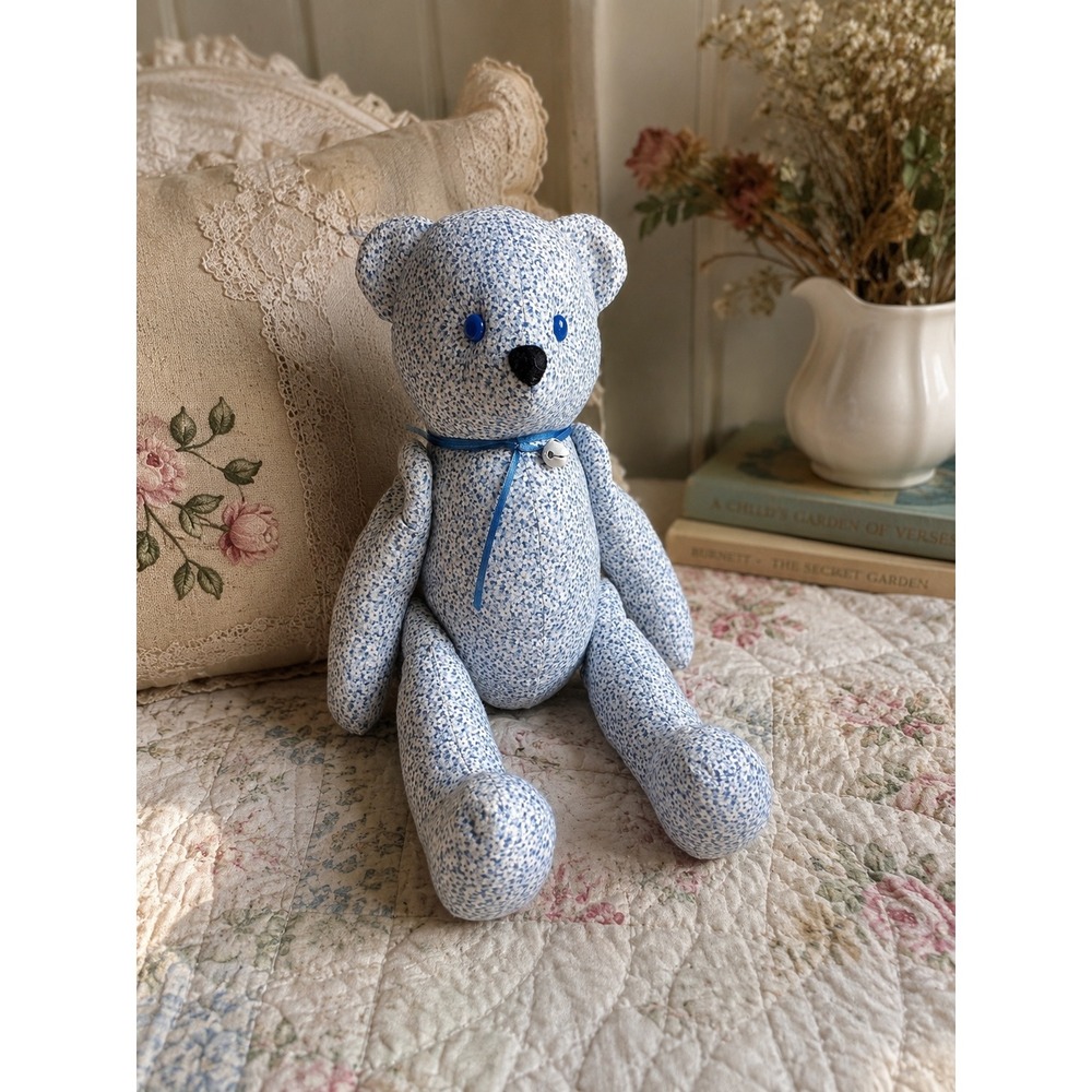 Vintage Handmade Blue Floral Jointed Teddy Bear Cloth Stuffed Animal 14"